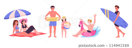 People rest on beach. Characters relaxing and playing on sandy beach, summer holiday vacation flat vector illustration. Cartoon people on beach People rest on beach. Characters relaxing and playing on sandy beach, summer holiday vacation flat vector illustration. Cartoon people on beach 114941589