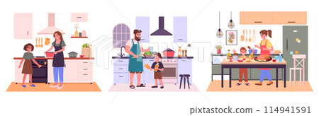 People with kids cooking at home. Homemade meal preparation, families preparing food on house table flat vector illustration set. Cooking with children scenes People with kids cooking at home. Homemade meal preparation, families preparing food on house table flat vector illustration set. Cooking with children scenes 114941591