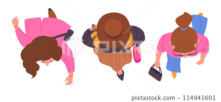 Walking female top view. Moving diverse women group view from above, girls strolling flat vector illustration set. Cartoon female top view Walking female top view. Moving diverse women group view from above, girls strolling flat vector illustration set. Cartoon female top view 114941601