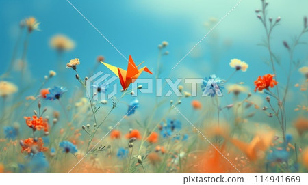 Paper orange crane on sunny day in flower meadow 114941669