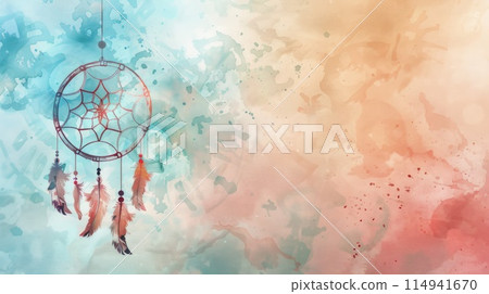 Watercolor painting depicting mesmerizing dream catcher with intricate feathers and beads hanging delicately Watercolor painting depicting mesmerizing dream catcher with intricate feathers and beads hanging delicately 114941670