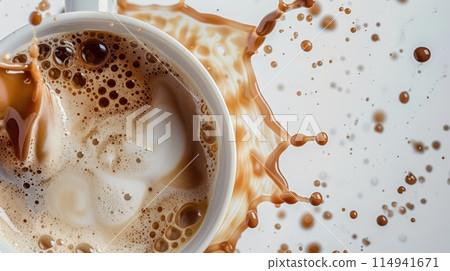 Mug of Fresh Coffee with Milk Splashing Over, Fluid Motion Background, copy space 114941671