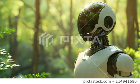 Robot figure explores lush forest environment, copy space, wallpaper 114941686