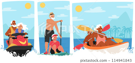 Happy Elderly Couples Enjoying Outdoor Adventures On A Sunny Day. Old Male and Female Characters Feature Jet Skiing Happy Elderly Couples Enjoying Outdoor Adventures On A Sunny Day. Old Male and Female Characters Feature Jet Skiing 114941843