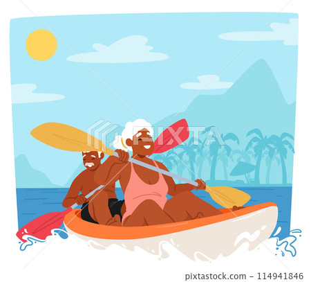 Elderly Couple Kayaking Together On A Sunny Tropical Beach, Celebrate Active Aging And The Beauty Of Outdoor Activities Elderly Couple Kayaking Together On A Sunny Tropical Beach, Celebrate Active Aging And The Beauty Of Outdoor Activities 114941846