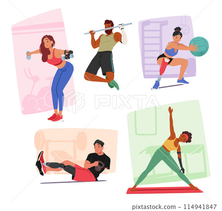 Group Of Disabled Characters Engaged In Various Gym Activities, Promoting Fitness And Inclusivity, Vector Set 114941847