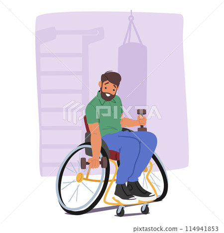 Man In Wheelchair Engages In A Strength Training At A Gym, Holding A Dumbbell, Highlights The Importance Of Fitness 114941853