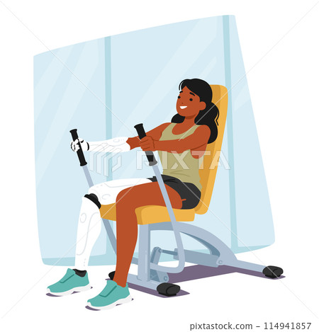 Dedicated Female Athlete With A Prosthetic Leg And Arm Exercising On A Resistance Machine In A Gym, Vector Scene 114941857