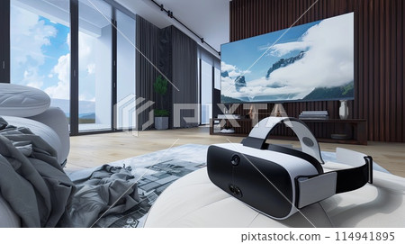 Virtual reality helmet in home interior.Ai generative  114941895