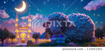 eid al adha cute 3d sheep on the background mosque, a crescent moon in the sky. Ai generative. 114941901