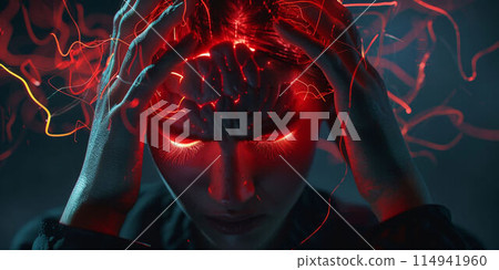 headaches and stress work overtime get tired isolated on painting background 114941960