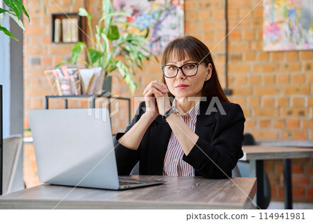 Middle-aged business woman working remotely with laptop in coworking 114941981