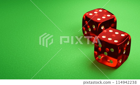 Gambling game banner. Two red dice on the green table. 3d render. 114942238