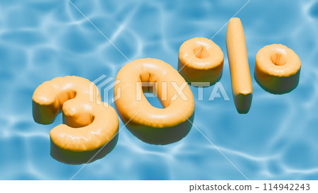 Summer sale banner. 20, 30 and 50 percent discount inflated numbers in the pool. 3d render. Summer sale banner. 20, 30 and 50 percent discount inflated numbers in the pool. 3d render. 114942243