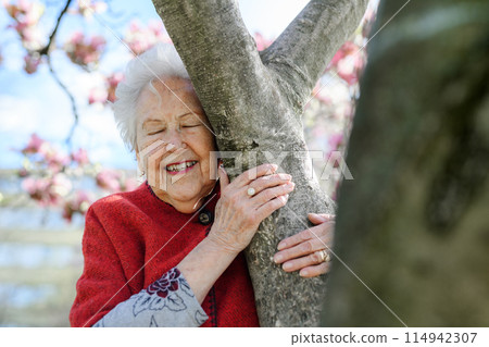 Portrait of elderly woman standing by magnolia tree, in park, having relaxing moment. Grandmother enjoying warm spring weather. Portrait of elderly woman standing by magnolia tree, in park, having relaxing moment. Grandmother enjoying warm spring weather. 114942307
