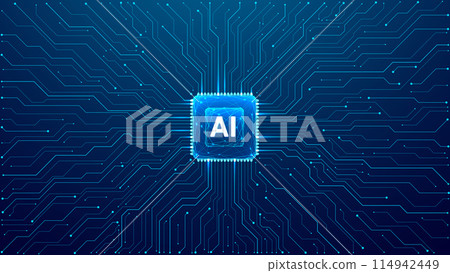 Glowing light blue neon AI chip with thin circuit contact lines 114942449