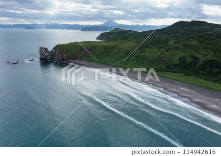 Khalaktyrsky beach with black sand on Kamchatka peninsula, Russia, Pacific ocean 114942616