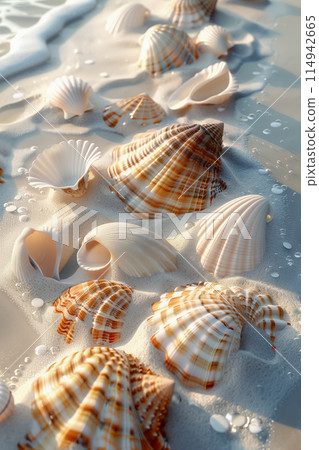 Seashells scattered on a sandy beach 114942665