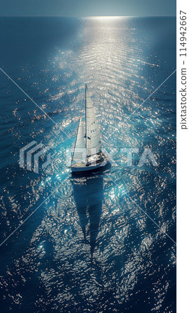 A lone sailboat sailing on a shimmering sea. Aerial view of sailboat 114942667