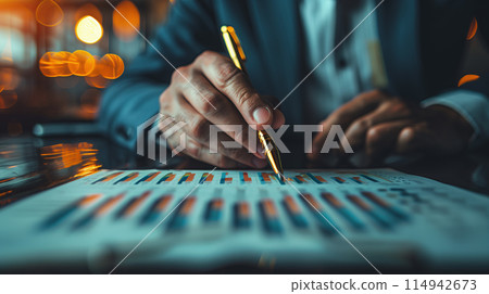 A businessman studying a stock market report, holding a pen in his hand 114942673