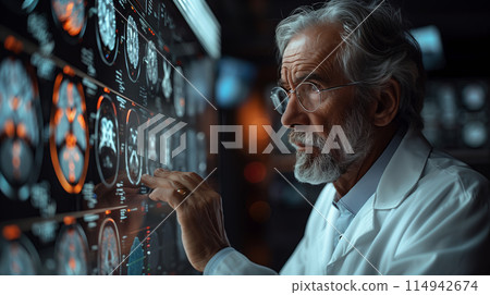 A neurologist doctor examining the result of a brain CT scan 114942674