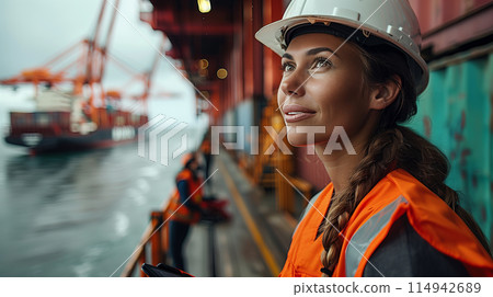 Beautiful female inspector standing in front of cargo containers in warehouse. 114942689