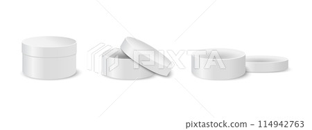 Set of closed and open round boxes. Cardboard, tin or plastic containers for gifts or hats, cosmetics or medicine, sweets or cookies. Silver cylindrical packages. Vector realistic illustration 114942763