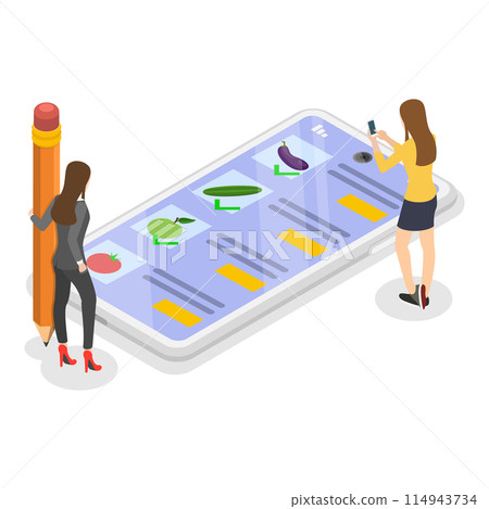 3D Isometric Flat Illustration of Vegetables Buying, Shopping Scene Set. Item 1 3D Isometric Flat Illustration of Vegetables Buying, Shopping Scene Set. Item 1 114943734
