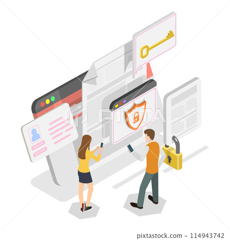 3D Isometric Flat Illustration of Cyber Security, Digital User Agreement Signing. Item 2 114943742