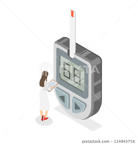 3D Isometric Flat Illustration of Blood Sugar Test, Measuring Glucose in Blood with Glucometer. Item 3 114943758