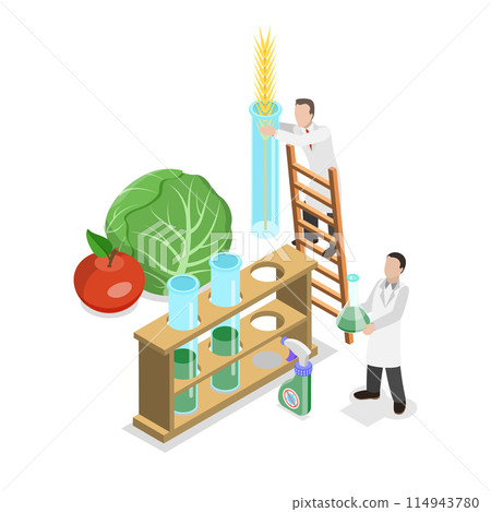 3D Isometric Flat Illustration of Agricultural Research, Artificial Food Products. Item 2 114943780