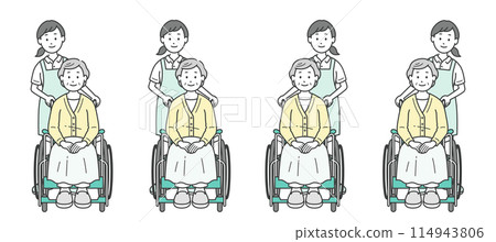 一名女性護理人員協助坐在輪椅上的老年婦女的插圖集 114943806