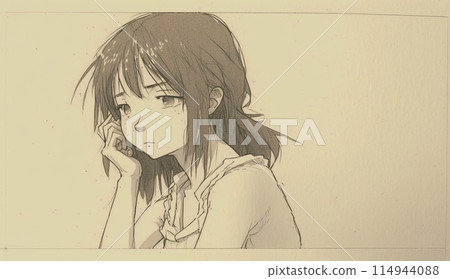 Sepia-toned black and white drawing of an ennui girl 114944088