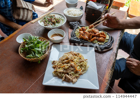 Vietnamese cuisine at a restaurant in Ninh Binh that takes advantage of the valley terrain in Hanoi, Vietnam 114944447