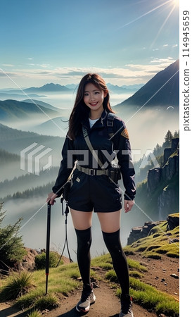 一位女士在全景平台上眺望雲海的壯麗景色 114945659