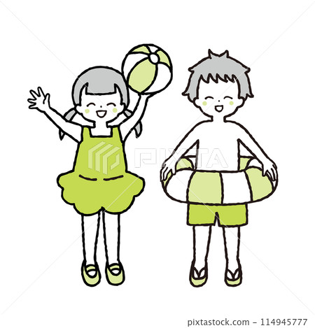 Illustration of a girl holding a beach ball and a boy holding a swim ring 114945777