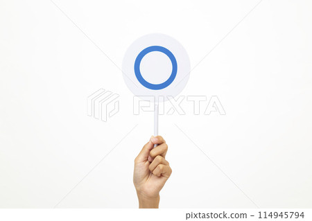 手舉起標有圓的盤子 114945794