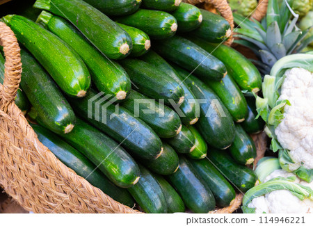 View of zucchini, put up for sale in a store View of zucchini, put up for sale in a store 114946221