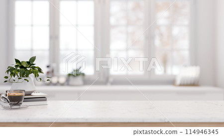 A space for displaying products on a white marble tabletop in a modern white living room. 114946345