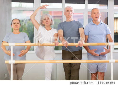 Active mature attendees of ballet courses demonstrating different positions standing by ballet-barre 114946364