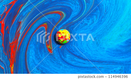 Top view of macro abstract of the drop of multicolor acrylic on milk background  114946396