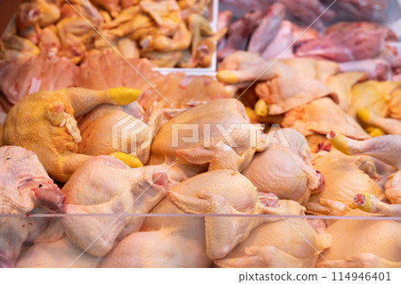 Whole chicken in fresh poultry department Whole chicken in fresh poultry department 114946401