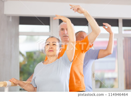 Close-up view of mature woman practicing ballet positions standing by ballet-barre Close-up view of mature woman practicing ballet positions standing by ballet-barre 114946464