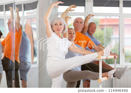 Group of mature female and male ballet dancers learn grand batman position near ballet barre in gym Group of mature female and male ballet dancers learn grand batman position near ballet barre in gym 114946498