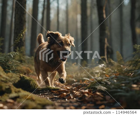 Dog in forest. Happy dog running in the woods 114946564