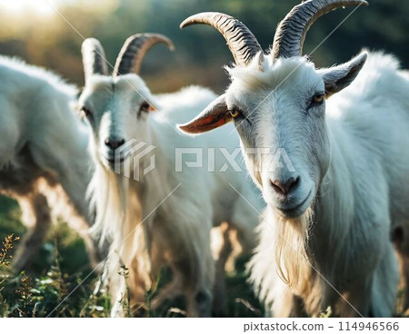 Two white goats looking at the camera. Close up photo of pets. Goats on pasture 114946566