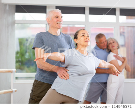 Elderly couples learning to dance ballet in dance studio Elderly couples learning to dance ballet in dance studio 114946571