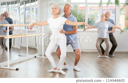 Mature woman practicing plie position in pair with man in dance studio 114946605