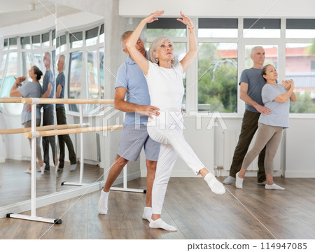 Elderly couples learning to dance ballet in dance studio Elderly couples learning to dance ballet in dance studio 114947085