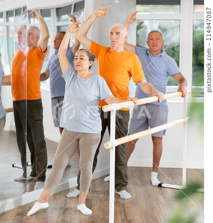 Cheerful active elderly woman training various ballet poses during group classes with ballet dancers at barre in choreography studio Cheerful active elderly woman training various ballet poses during group classes with ballet dancers at barre in choreography studio 114947087